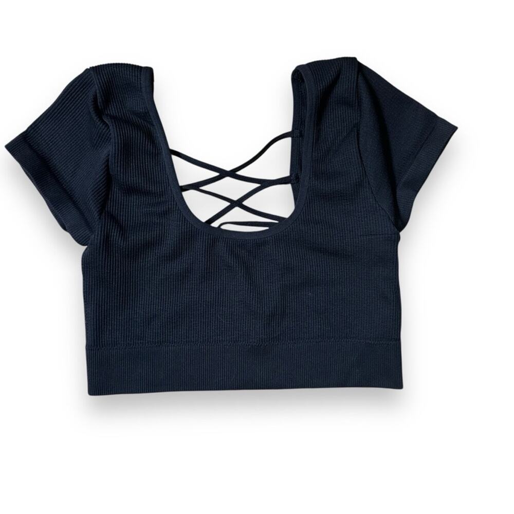 Aerie Ribbed Short Sleeve Cropped Scoop Neck Black Crossover Back Tee Top S